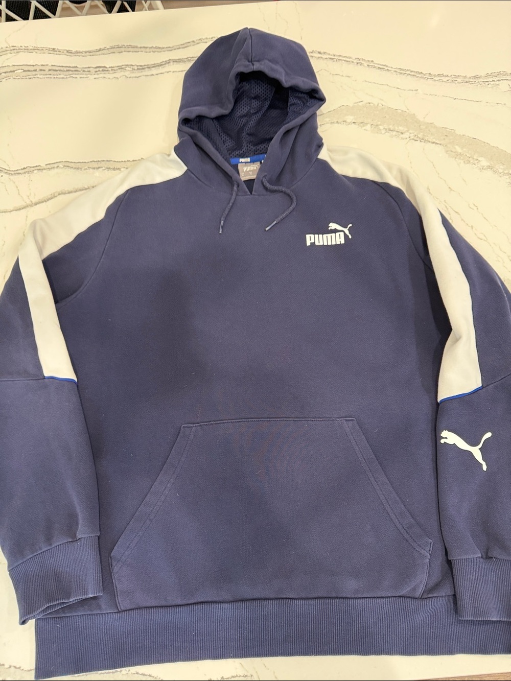 PUMA Men’s Navy Cream Colorblock Pullover Hoodie Logo Sweatshirt- XL